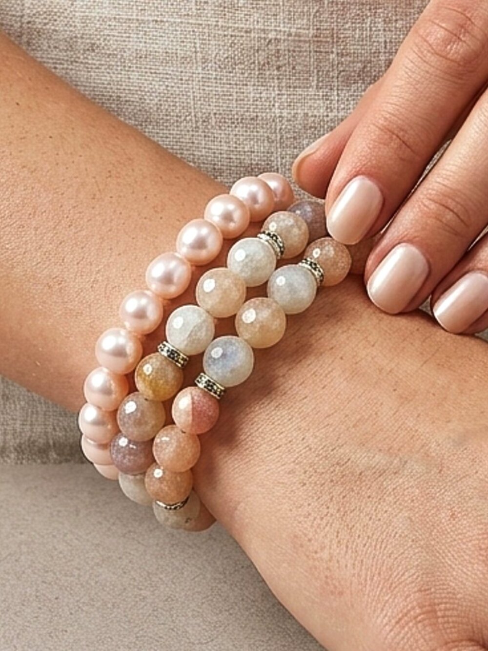 Dainty Stretch Bracelet Set of 3, Pastel Aventurine, Jasper & Blush Pink Pearls